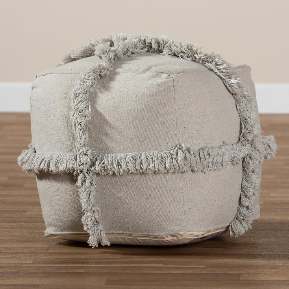 Baxton Studio Alfro Moroccan Inspired Grey Handwoven Cotton Fringe Pouf Ottoman. Picture 11