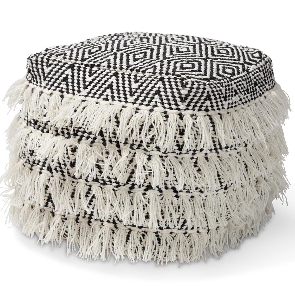 Alain Moroccan Inspired Black and Ivory Handwoven Wool Tassel Pouf Ottoman. Picture 7