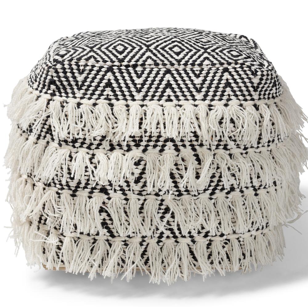 Alain Moroccan Inspired Black and Ivory Handwoven Wool Tassel Pouf Ottoman. Picture 8