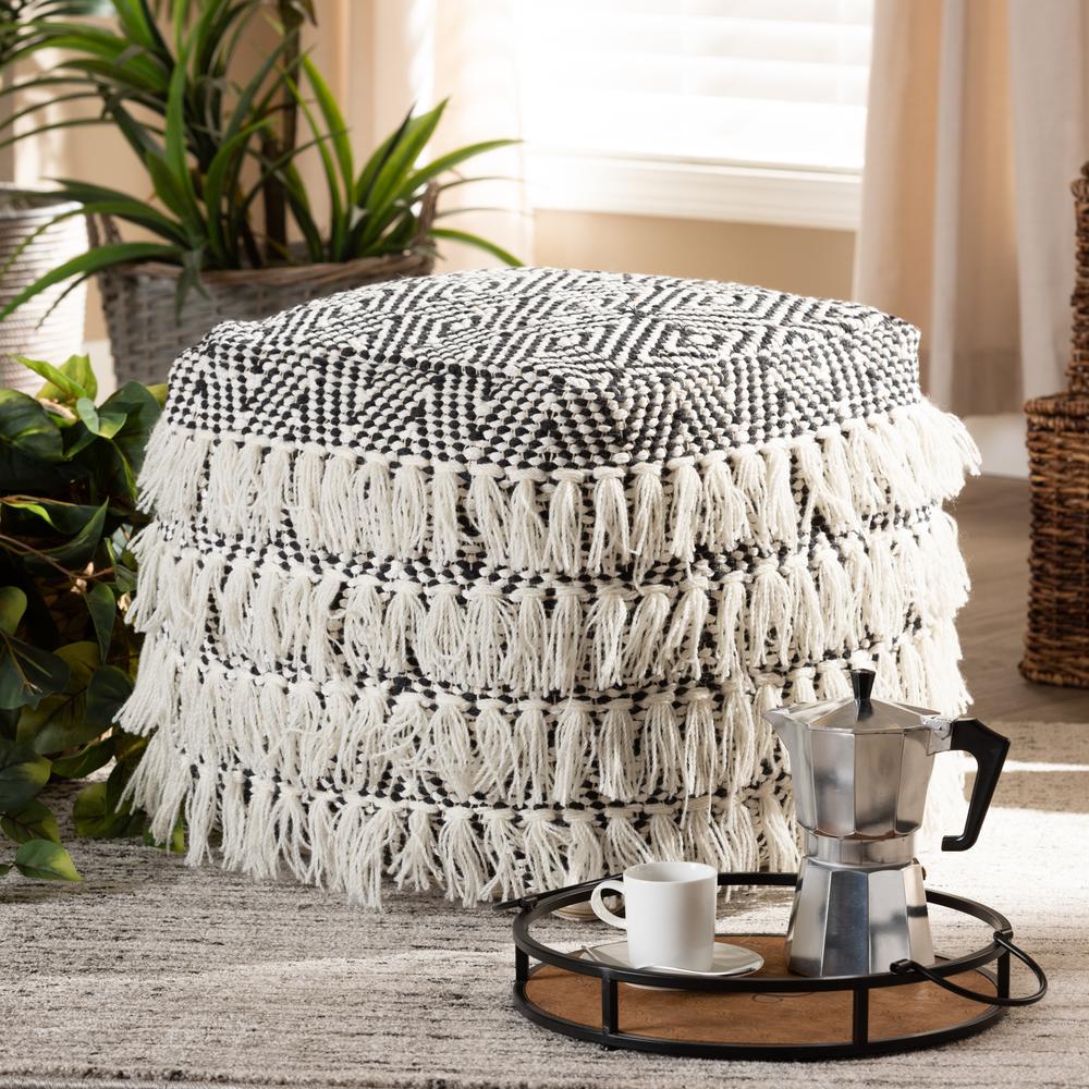 Alain Moroccan Inspired Black and Ivory Handwoven Wool Tassel Pouf Ottoman. Picture 10
