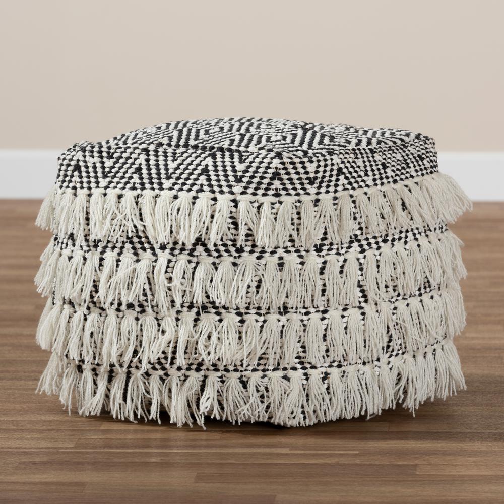 Alain Moroccan Inspired Black and Ivory Handwoven Wool Tassel Pouf Ottoman. Picture 11
