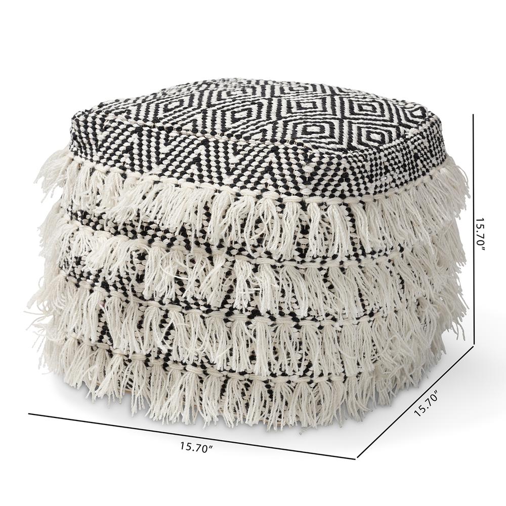 Alain Moroccan Inspired Black and Ivory Handwoven Wool Tassel Pouf Ottoman. Picture 12