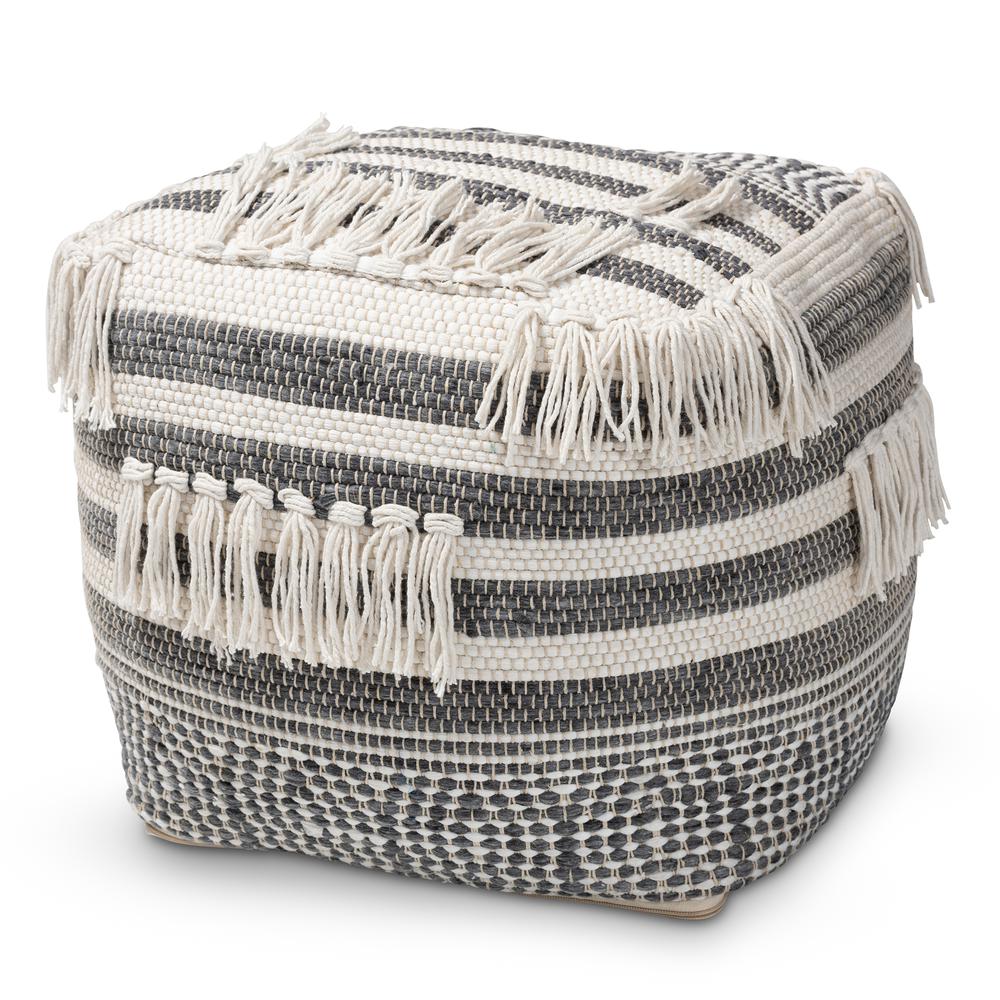 Kirby Moroccan Inspired Grey and Ivory Handwoven Cotton Pouf Ottoman. Picture 7