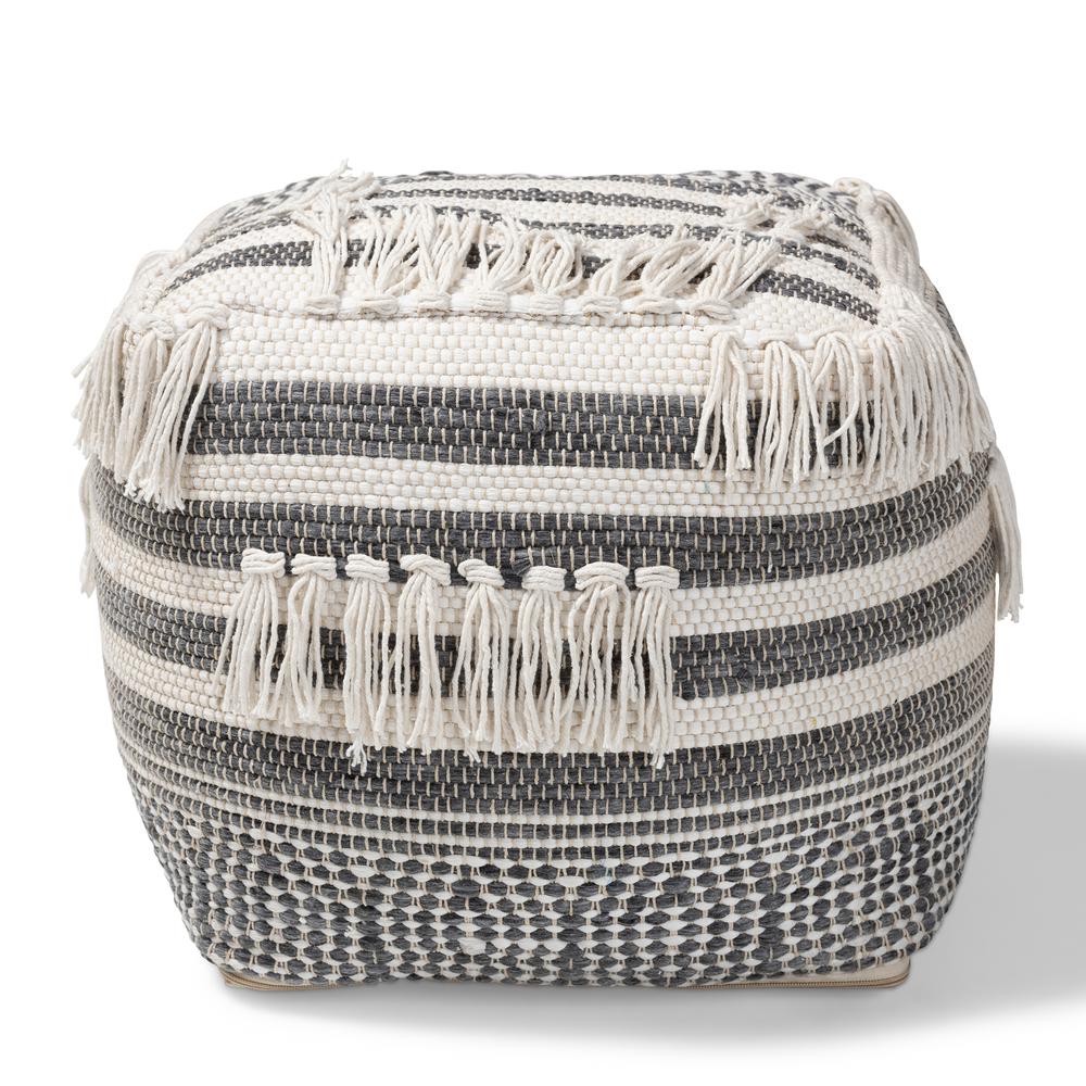 Kirby Moroccan Inspired Grey and Ivory Handwoven Cotton Pouf Ottoman. Picture 8