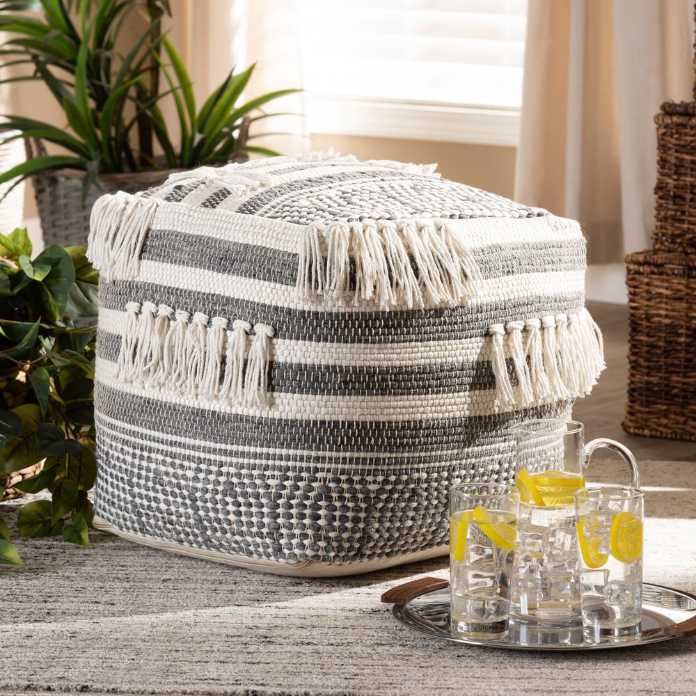 Kirby Moroccan Inspired Grey and Ivory Handwoven Cotton Pouf Ottoman. Picture 10