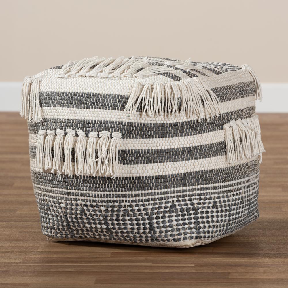 Kirby Moroccan Inspired Grey and Ivory Handwoven Cotton Pouf Ottoman. Picture 11