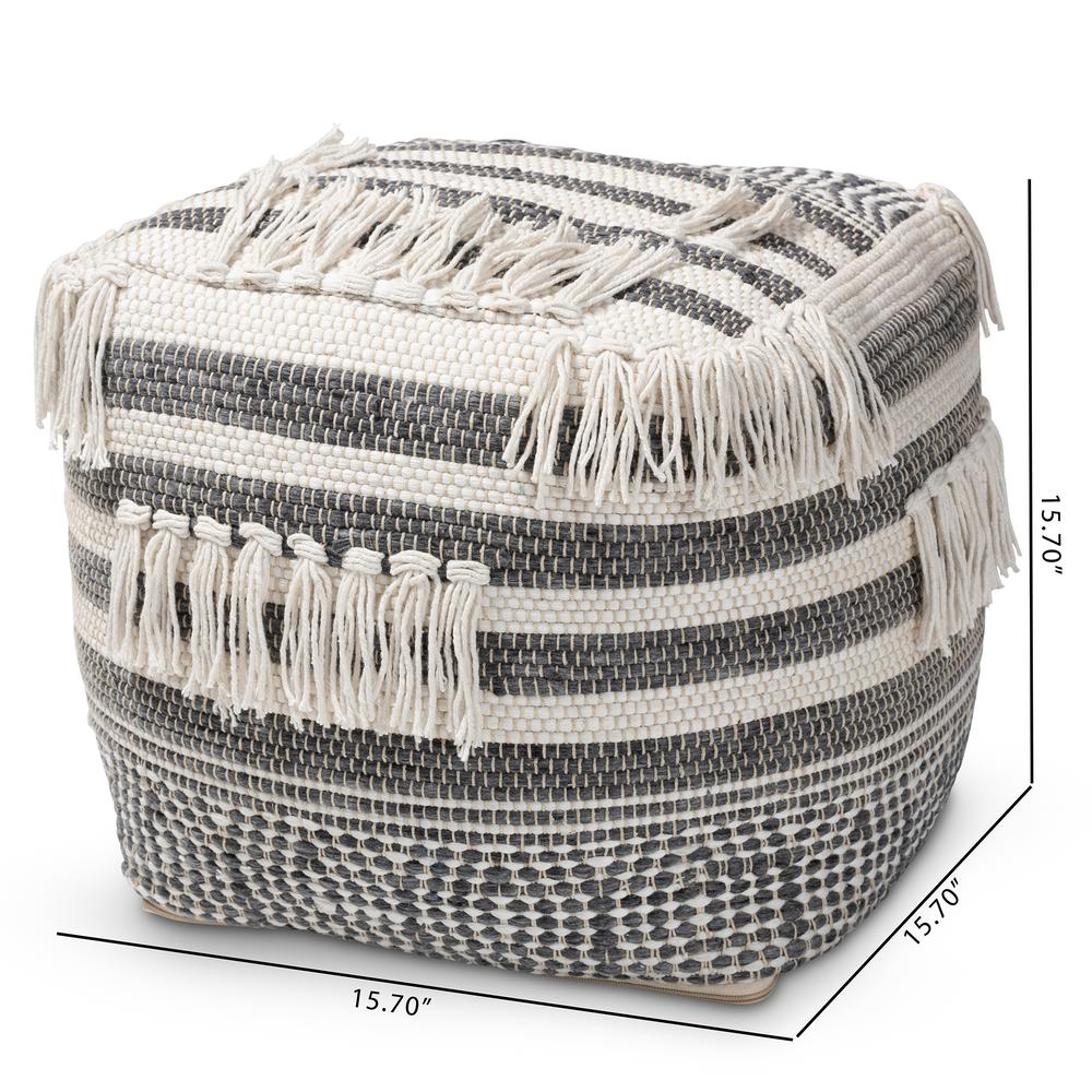 Kirby Moroccan Inspired Grey and Ivory Handwoven Cotton Pouf Ottoman. Picture 12