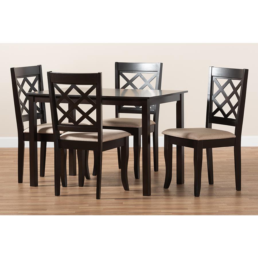 Baxton Studio Verner Modern and Contemporary Sand Fabric Upholstered Espresso Brown Finished 5-Piece Wood Dining Set. Picture 7