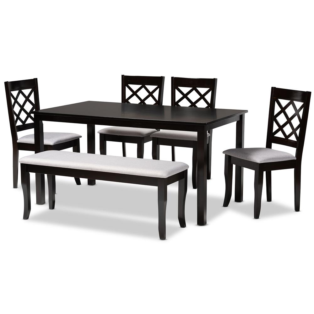 Grey Fabric Upholstered and Dark Brown Finished Wood 6-Piece Dining Set. Picture 11