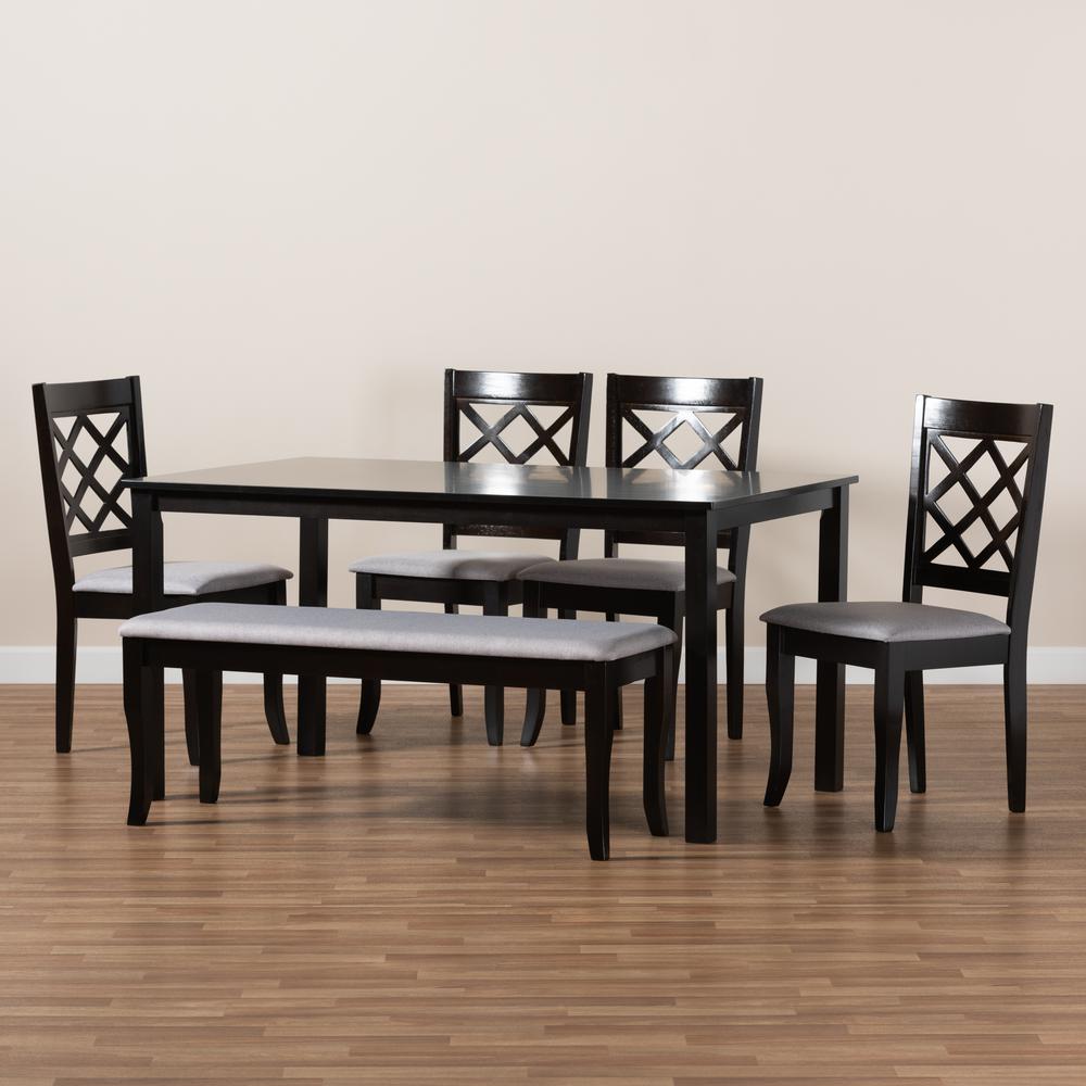 Grey Fabric Upholstered and Dark Brown Finished Wood 6-Piece Dining Set. Picture 19