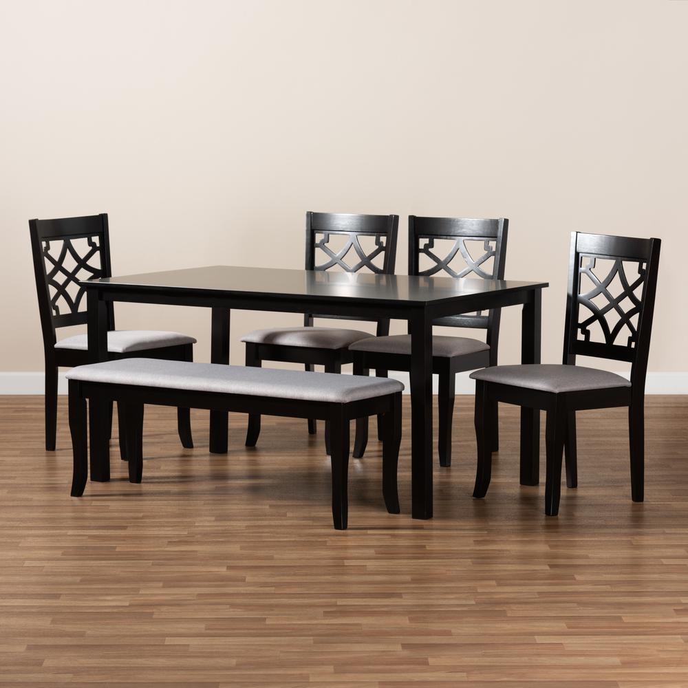Grey Fabric Upholstered and Dark Brown Finished Wood 6-Piece Dining Set. Picture 17