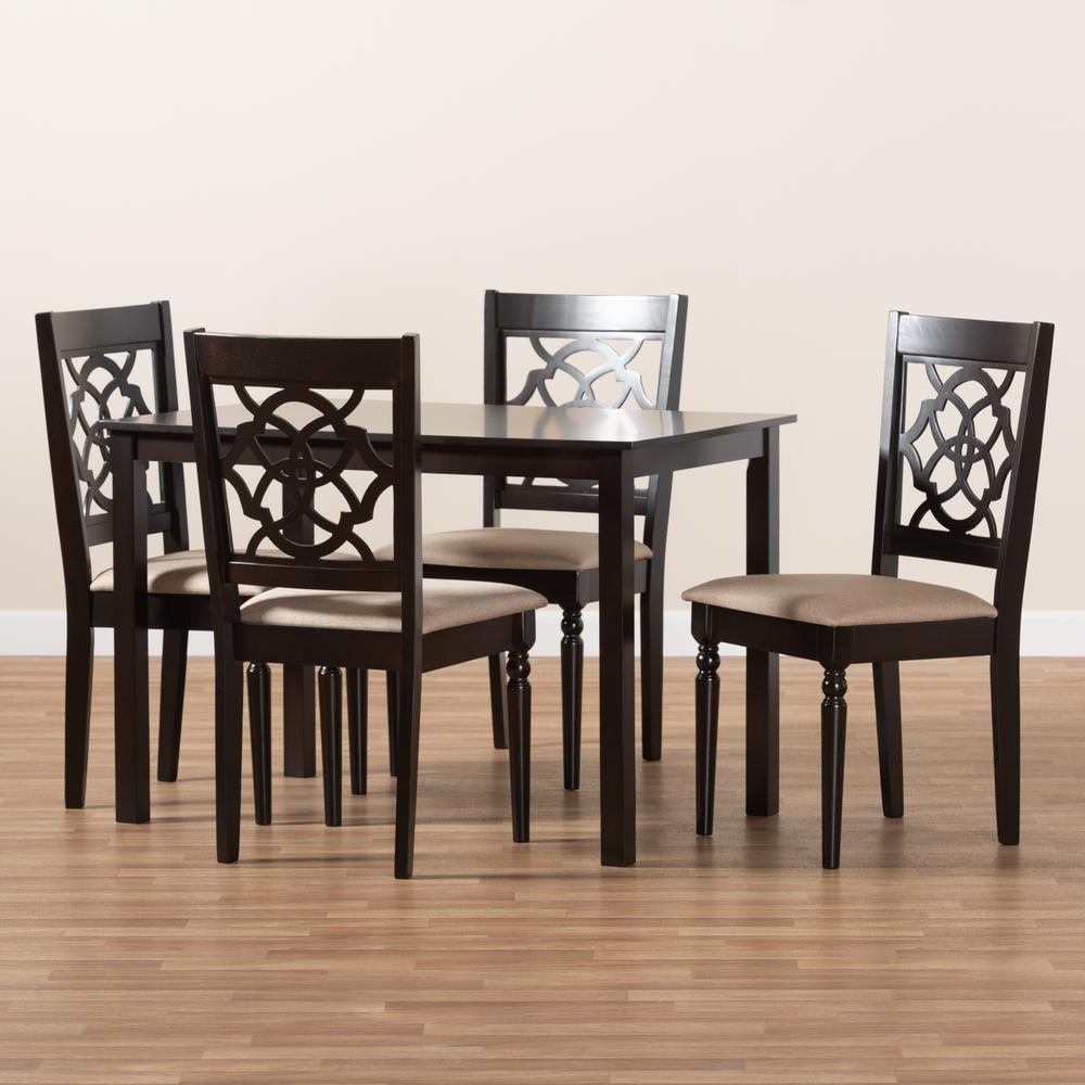 Baxton Studio Renaud Modern and Contemporary Sand Fabric Upholstered Espresso Brown Finished 5-Piece Wood Dining Set. Picture 7