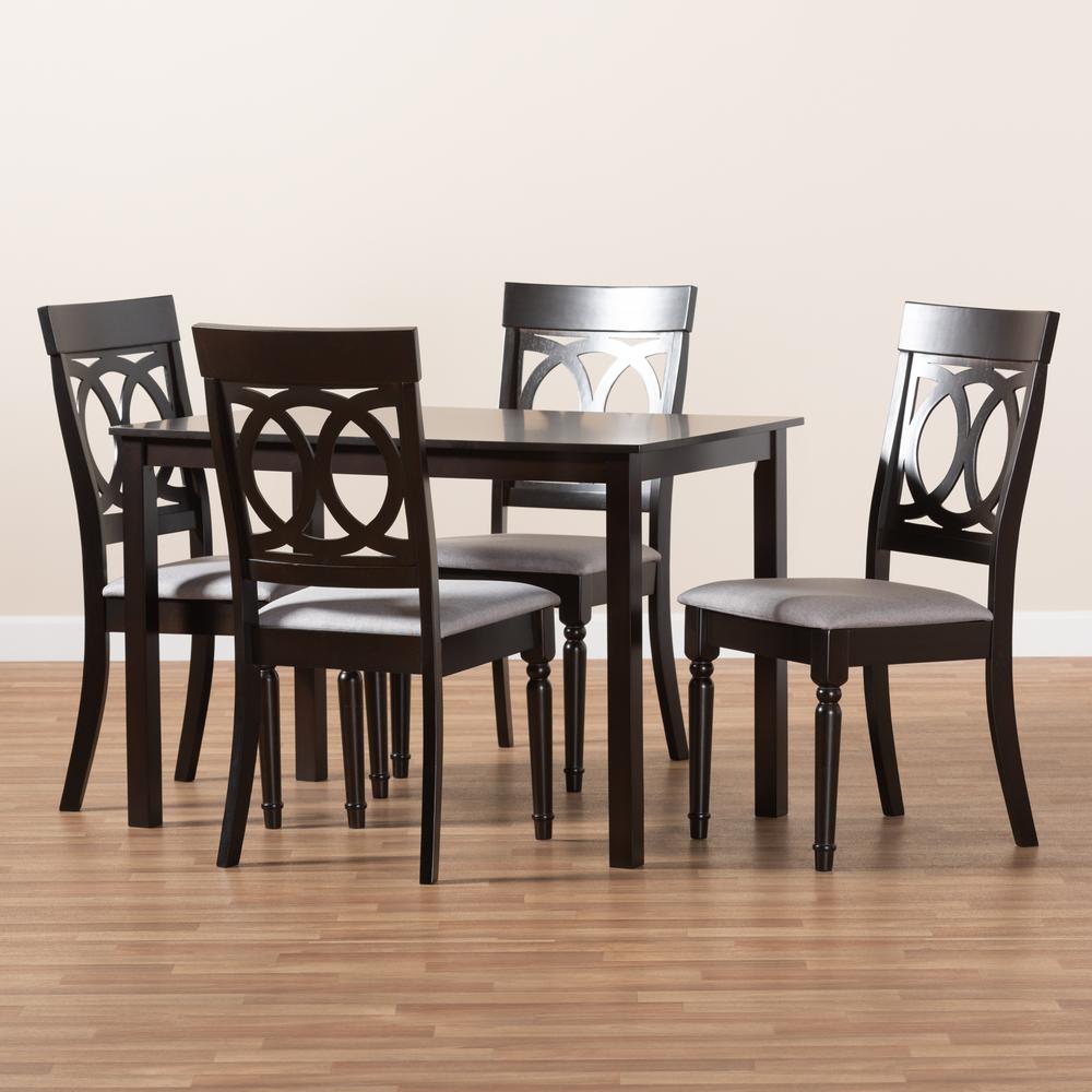 Baxton Studio Lucie Modern and Contemporary Grey Fabric Upholstered Espresso Brown Finished 5-Piece Wood Dining Set. Picture 7
