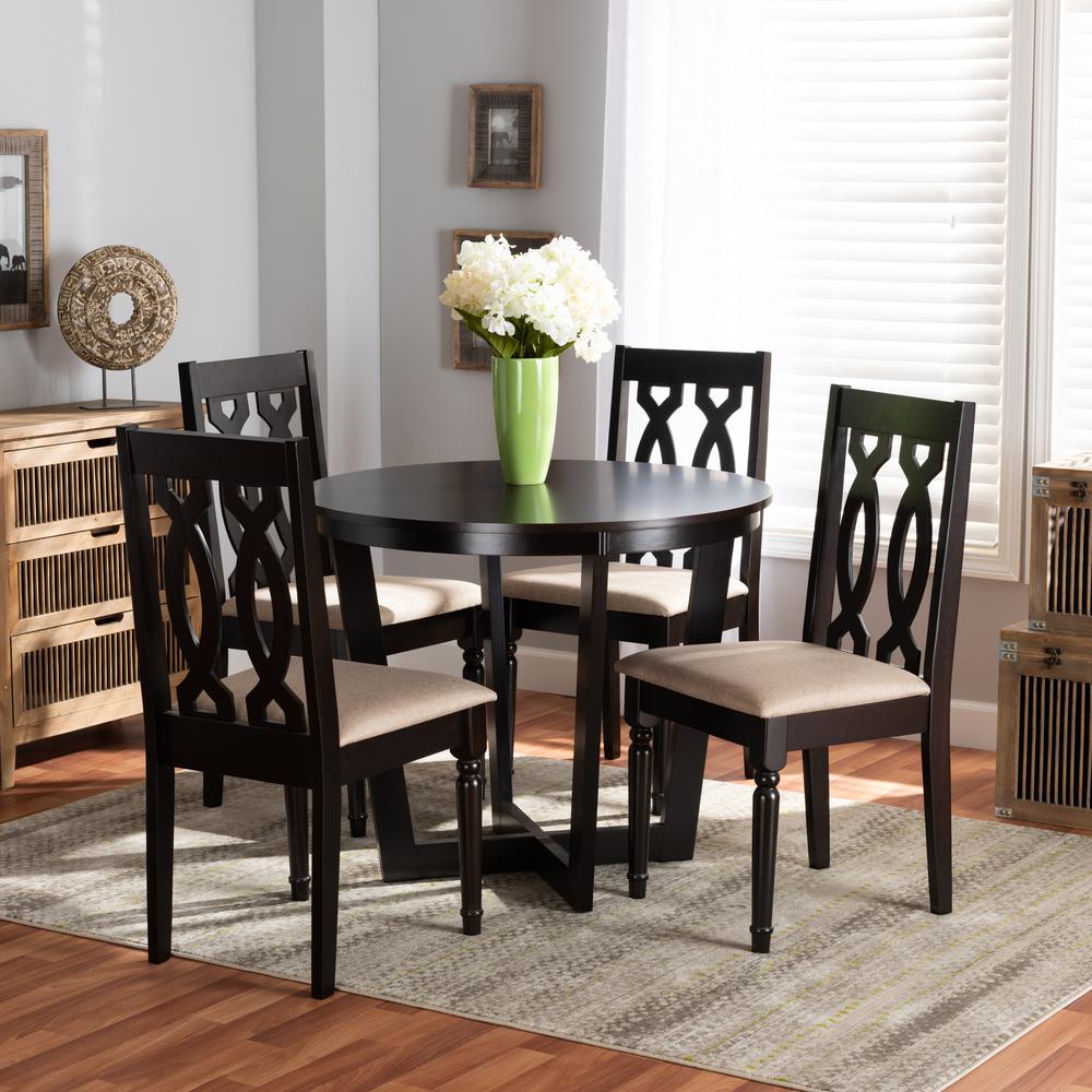 Julie Modern and Contemporary Sand Fabric Upholstered and Dark Brown Finished Wood 5-Piece Dining Set. Picture 8