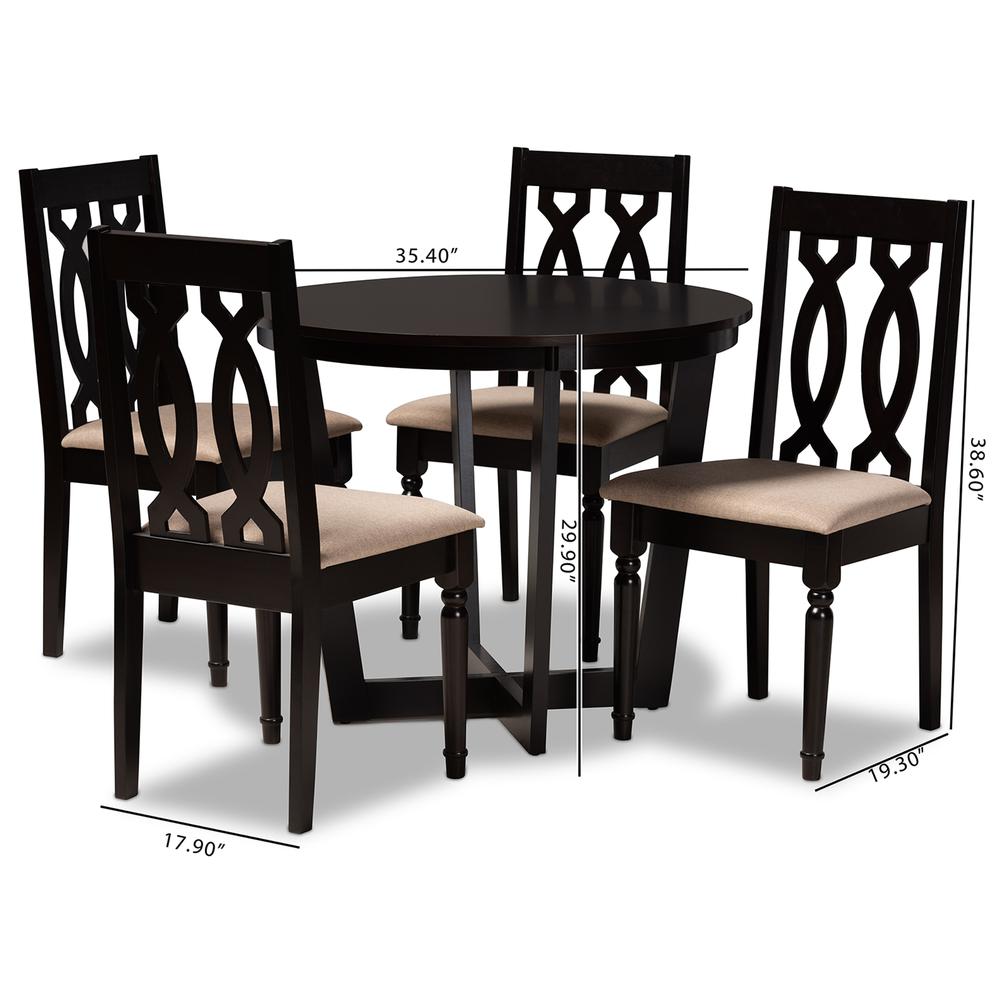 Sand Fabric Upholstered and Dark Brown Finished Wood 5-Piece Dining Set. Picture 18