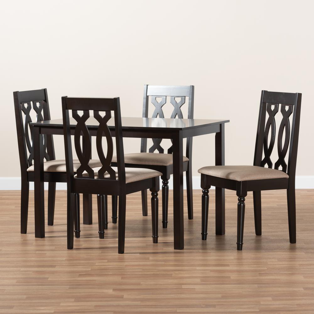 Baxton Studio Cherese Modern and Contemporary Sand Fabric Upholstered Espresso Brown Finished 5-Piece Wood Dining Set. Picture 7