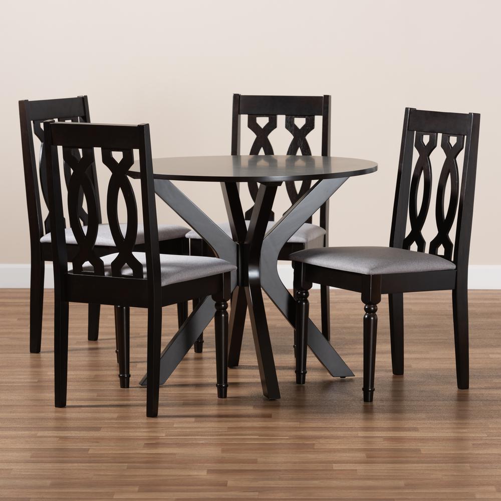 Grey Fabric Upholstered and Dark Brown Finished Wood 5-Piece Dining Set. Picture 17