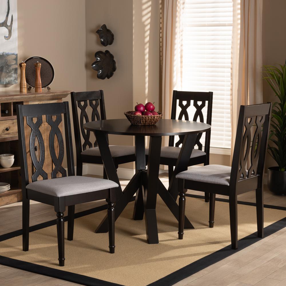 Grey Fabric Upholstered and Dark Brown Finished Wood 5-Piece Dining Set. Picture 16