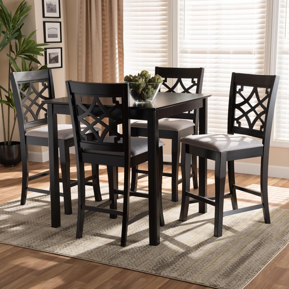 Grey Fabric Upholstered Espresso Brown Finished 5-Piece Wood Pub Set. Picture 14