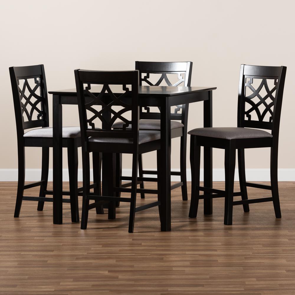Grey Fabric Upholstered Espresso Brown Finished 5-Piece Wood Pub Set. Picture 15