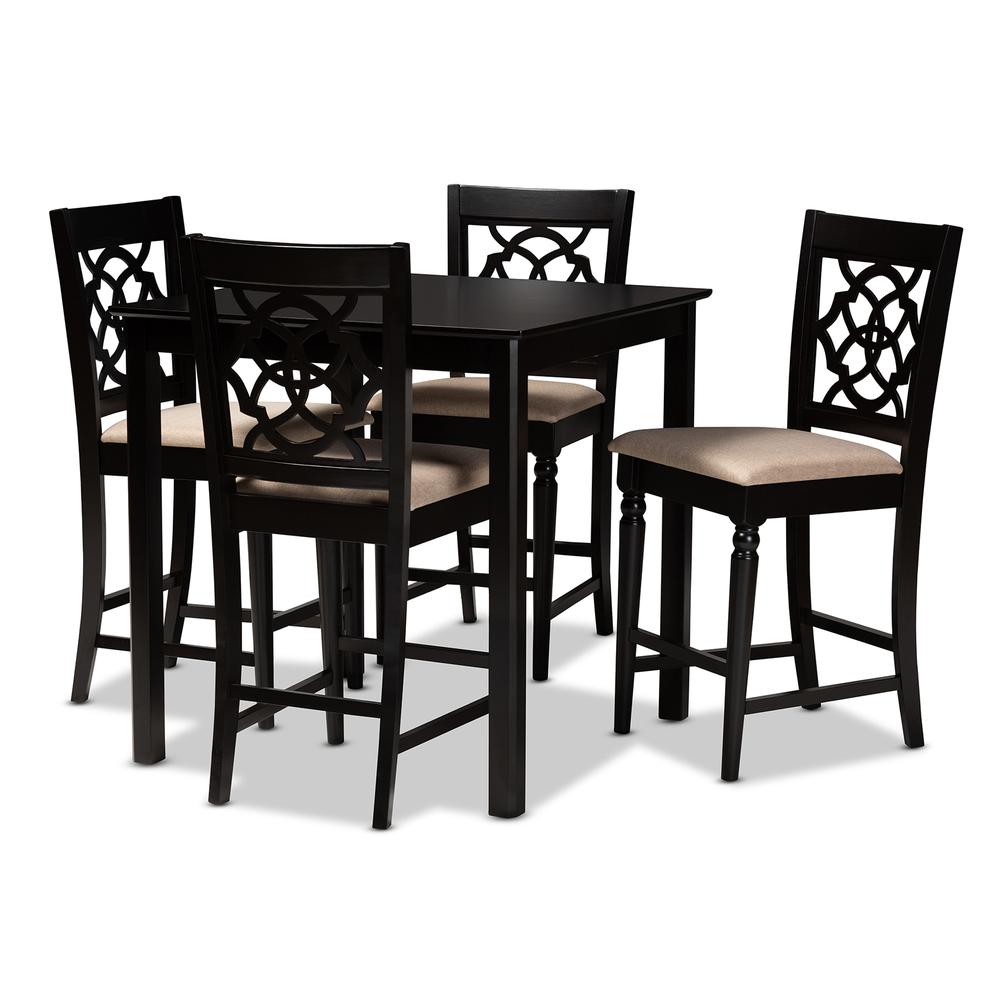 Sand Fabric Upholstered Espresso Brown Finished 5-Piece Wood Pub Set. Picture 9