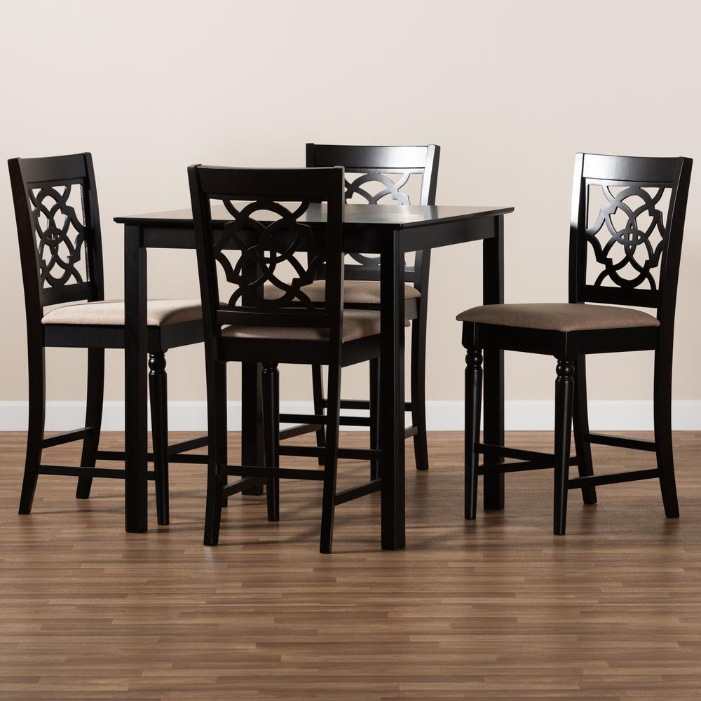 Sand Fabric Upholstered Espresso Brown Finished 5-Piece Wood Pub Set. Picture 15