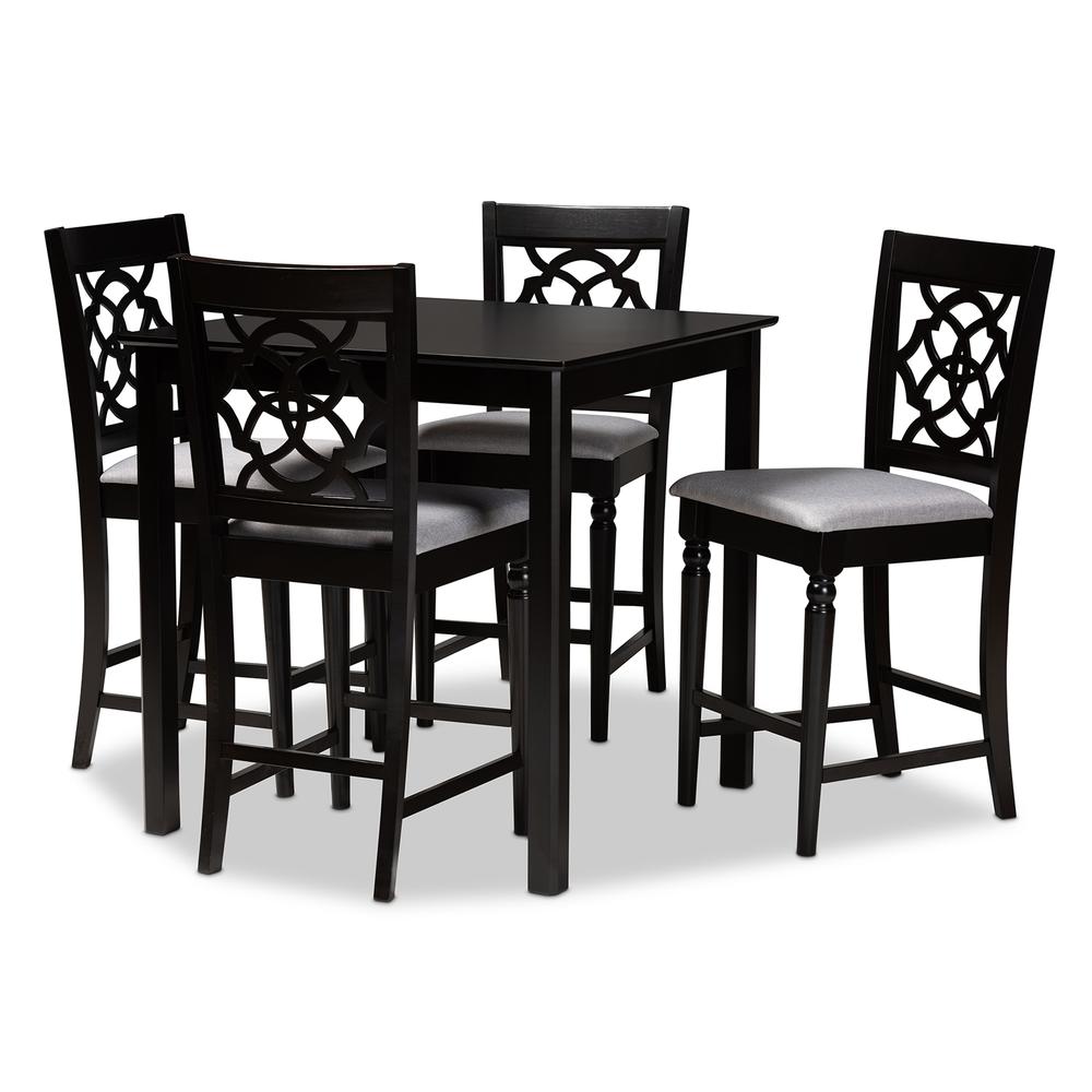 Grey Fabric Upholstered Espresso Brown Finished 5-Piece Wood Pub Set. Picture 9