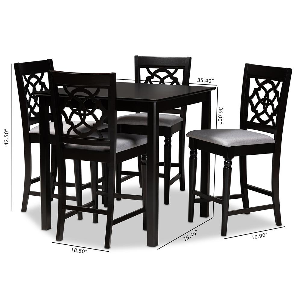 Grey Fabric Upholstered Espresso Brown Finished 5-Piece Wood Pub Set. Picture 16