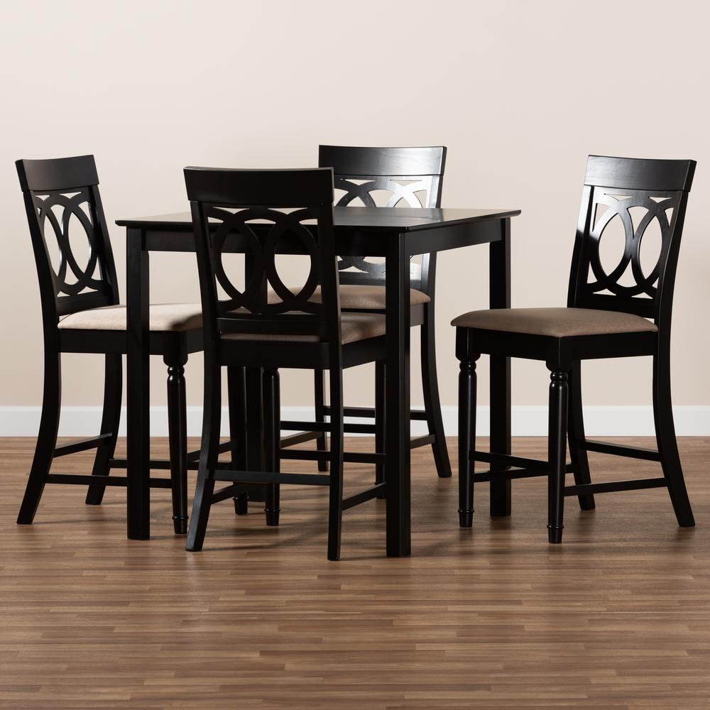 Sand Fabric Upholstered Espresso Brown Finished 5-Piece Wood Pub Set. Picture 15
