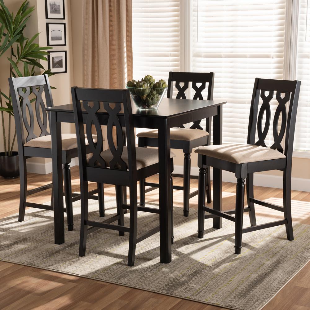 Sand Fabric Upholstered Espresso Brown Finished 5-Piece Wood Pub Set. Picture 14