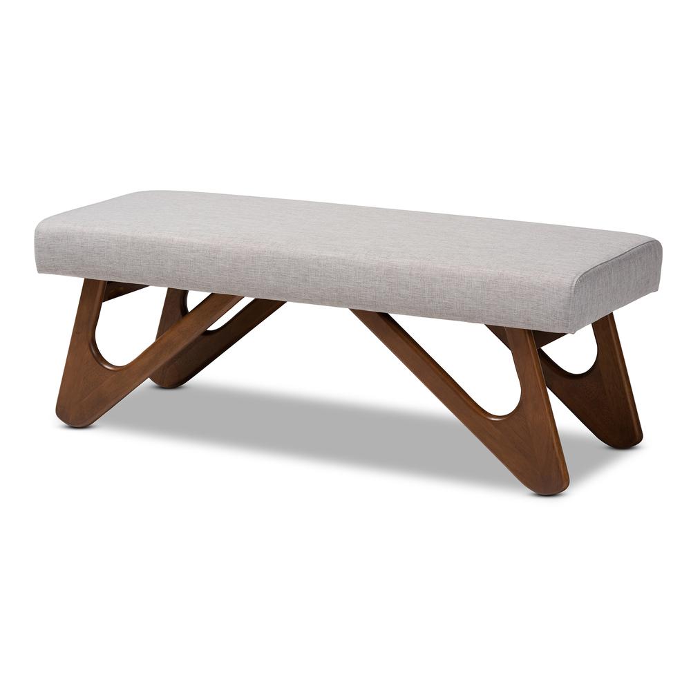 Greyish Beige Fabric Upholstered Walnut Brown Finished Boomerang Bench. Picture 9