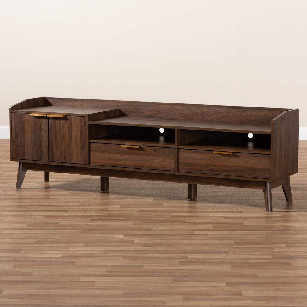 Lena Mid-Century Modern Walnut Brown Finished 2-Drawer Wood TV Stand. Picture 10