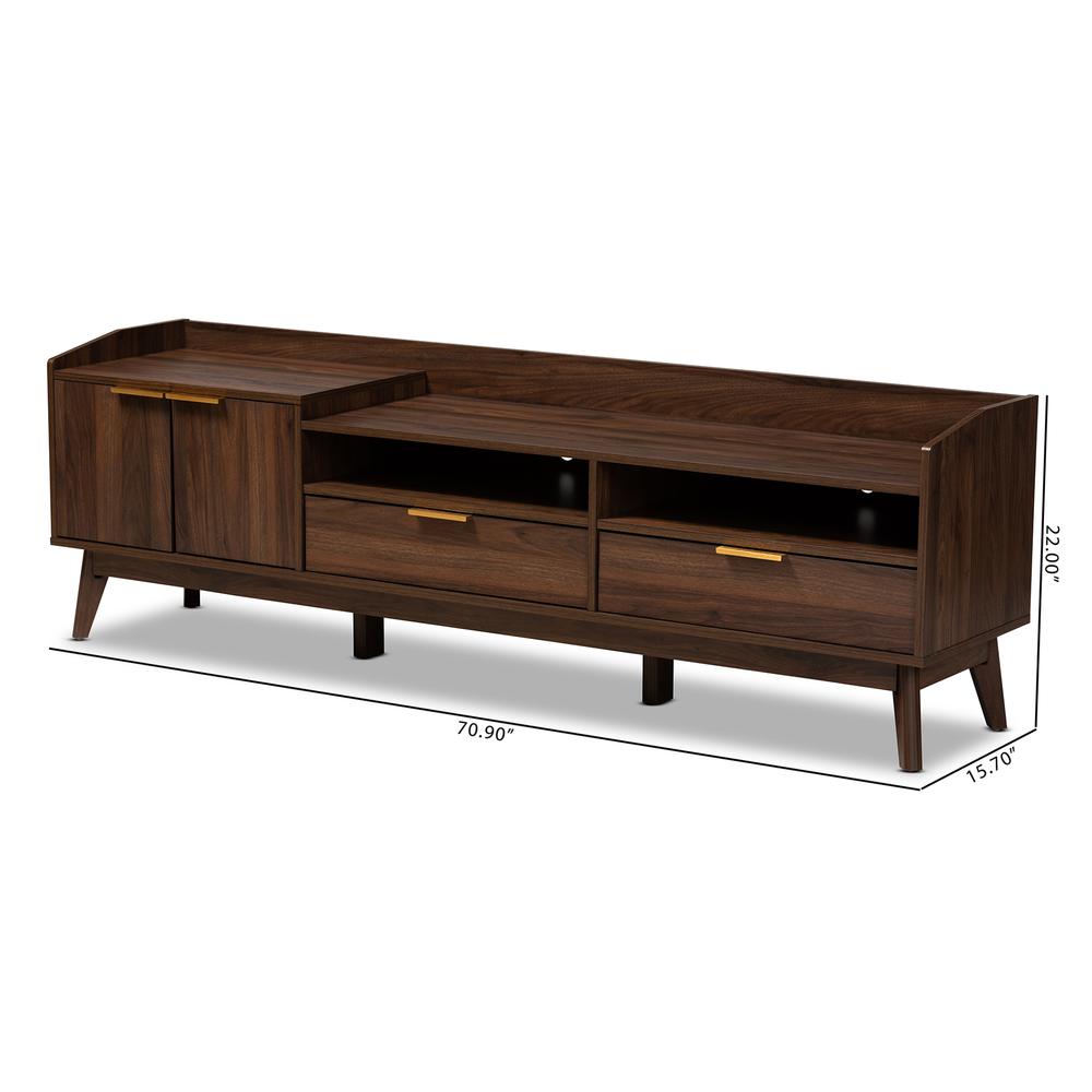 Lena Mid-Century Modern Walnut Brown Finished 2-Drawer Wood TV Stand. Picture 18