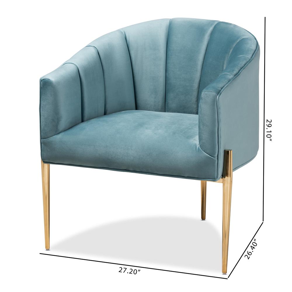 Luxe Light Blue Velvet Fabric Upholstered Gold Finished Accent Chair. Picture 18