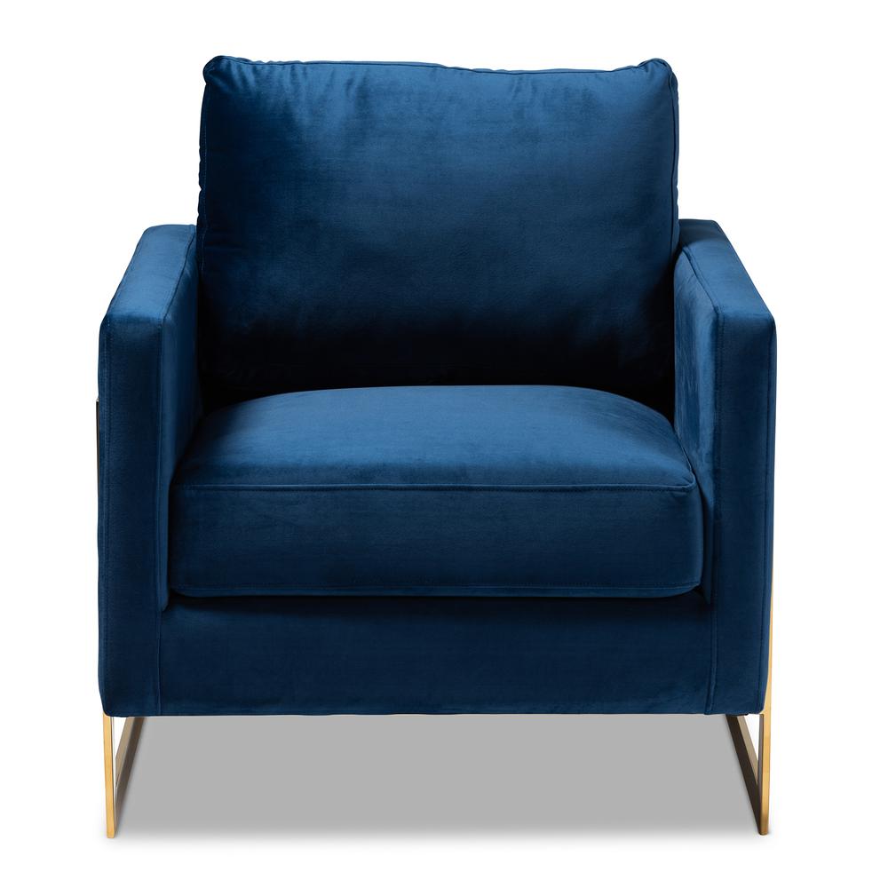 Matteo Glam and Luxe Royal Blue Velvet Fabric Upholstered Gold Finished Armchair. Picture 11