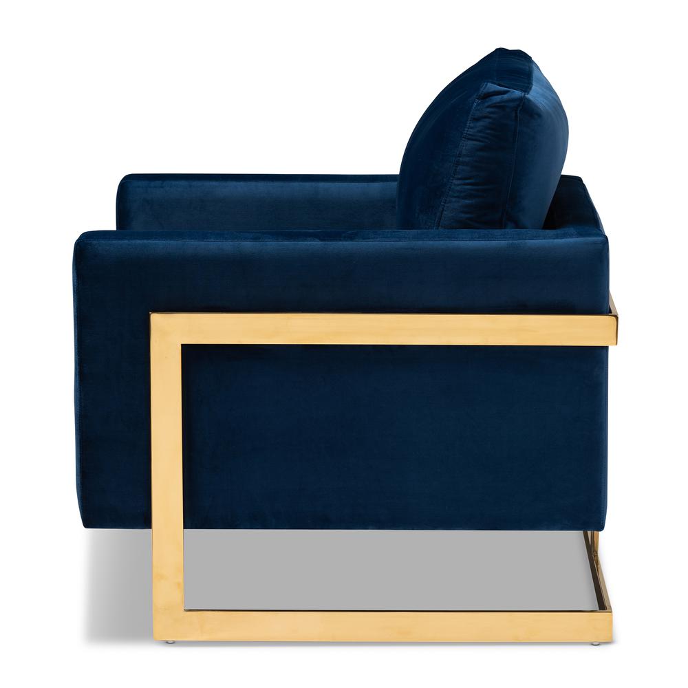 Matteo Glam and Luxe Royal Blue Velvet Fabric Upholstered Gold Finished Armchair. Picture 12