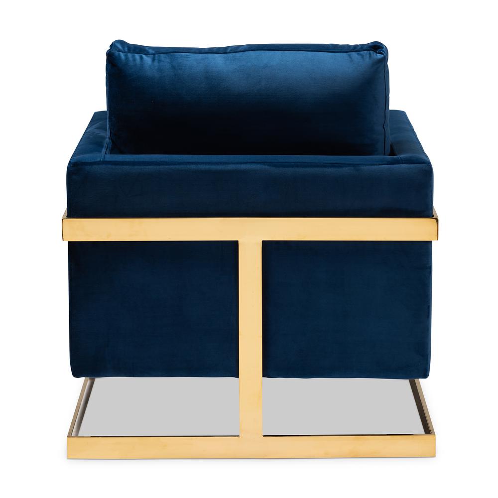 Matteo Glam and Luxe Royal Blue Velvet Fabric Upholstered Gold Finished Armchair. Picture 13