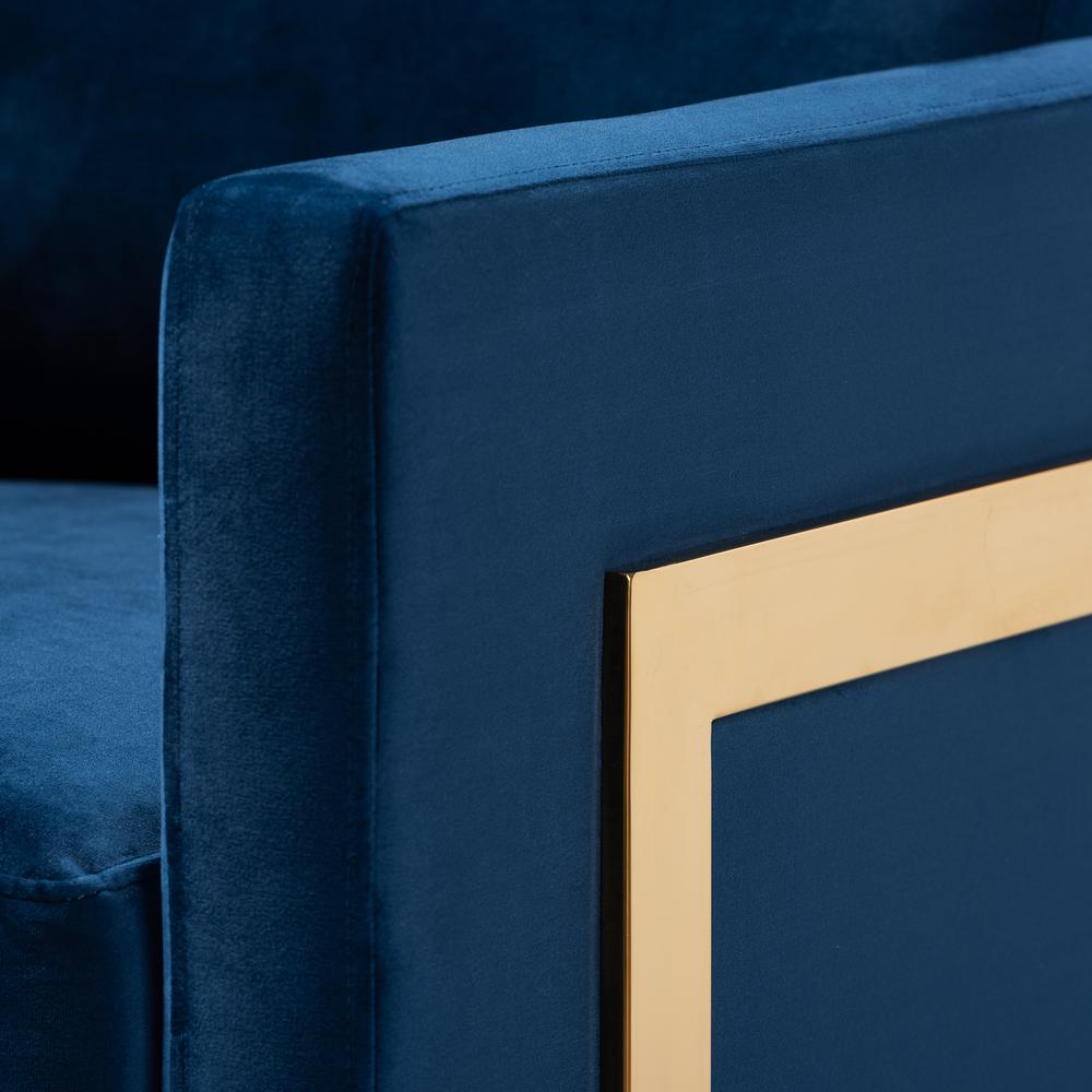 Matteo Glam and Luxe Royal Blue Velvet Fabric Upholstered Gold Finished Armchair. Picture 14
