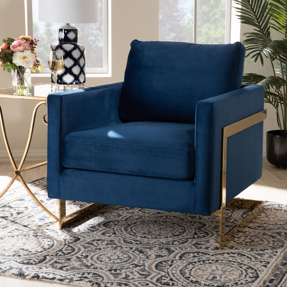 Matteo Glam and Luxe Royal Blue Velvet Fabric Upholstered Gold Finished Armchair. Picture 10