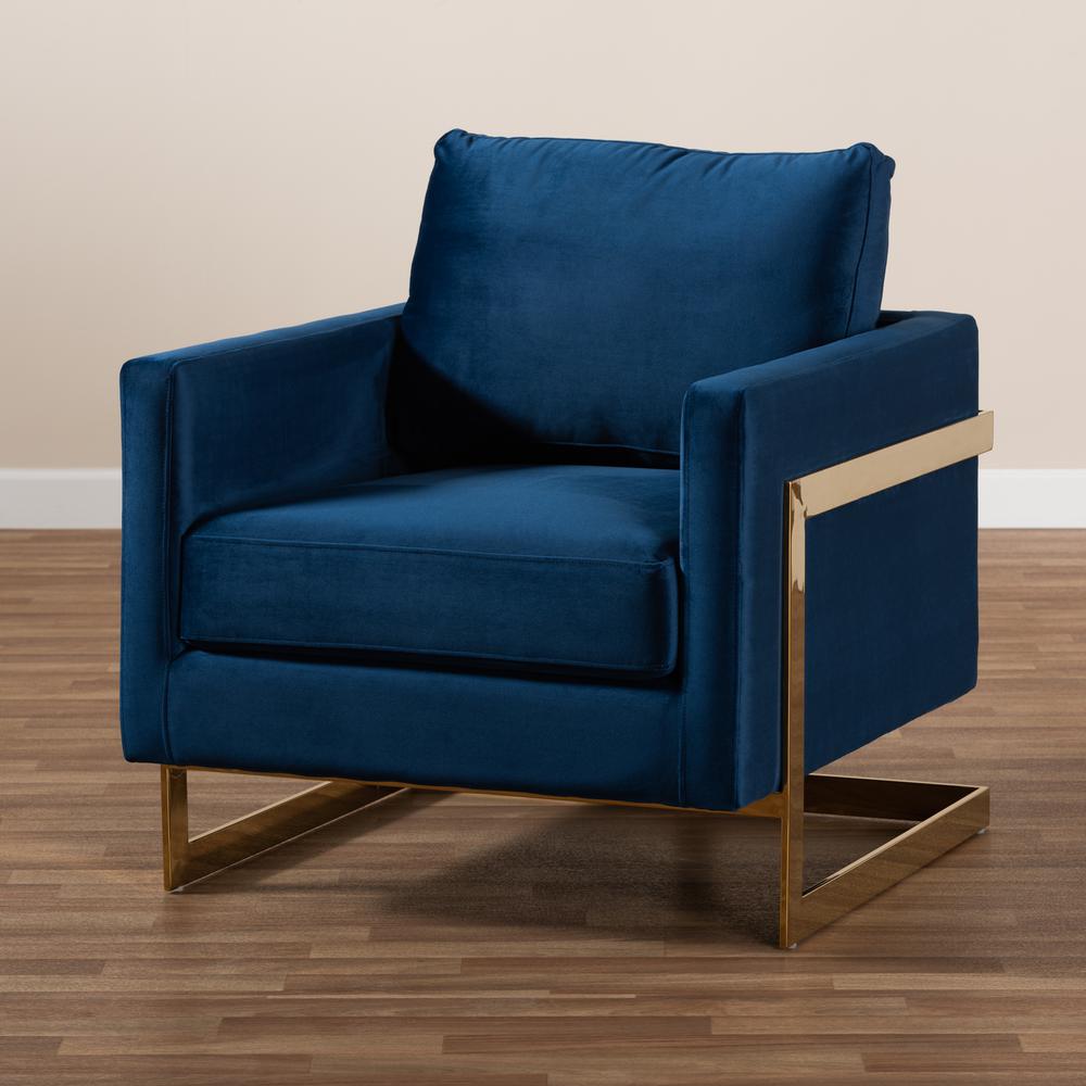 Matteo Glam and Luxe Royal Blue Velvet Fabric Upholstered Gold Finished Armchair. Picture 17