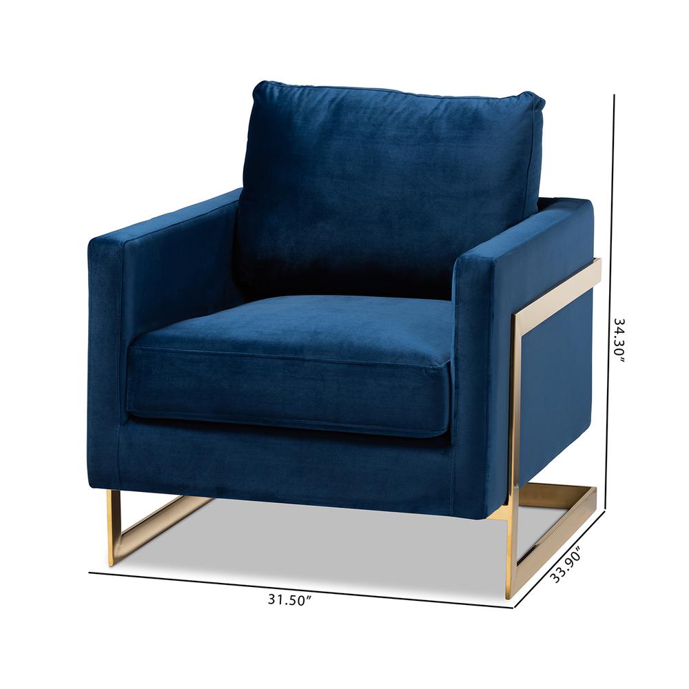 Matteo Glam and Luxe Royal Blue Velvet Fabric Upholstered Gold Finished Armchair. Picture 18
