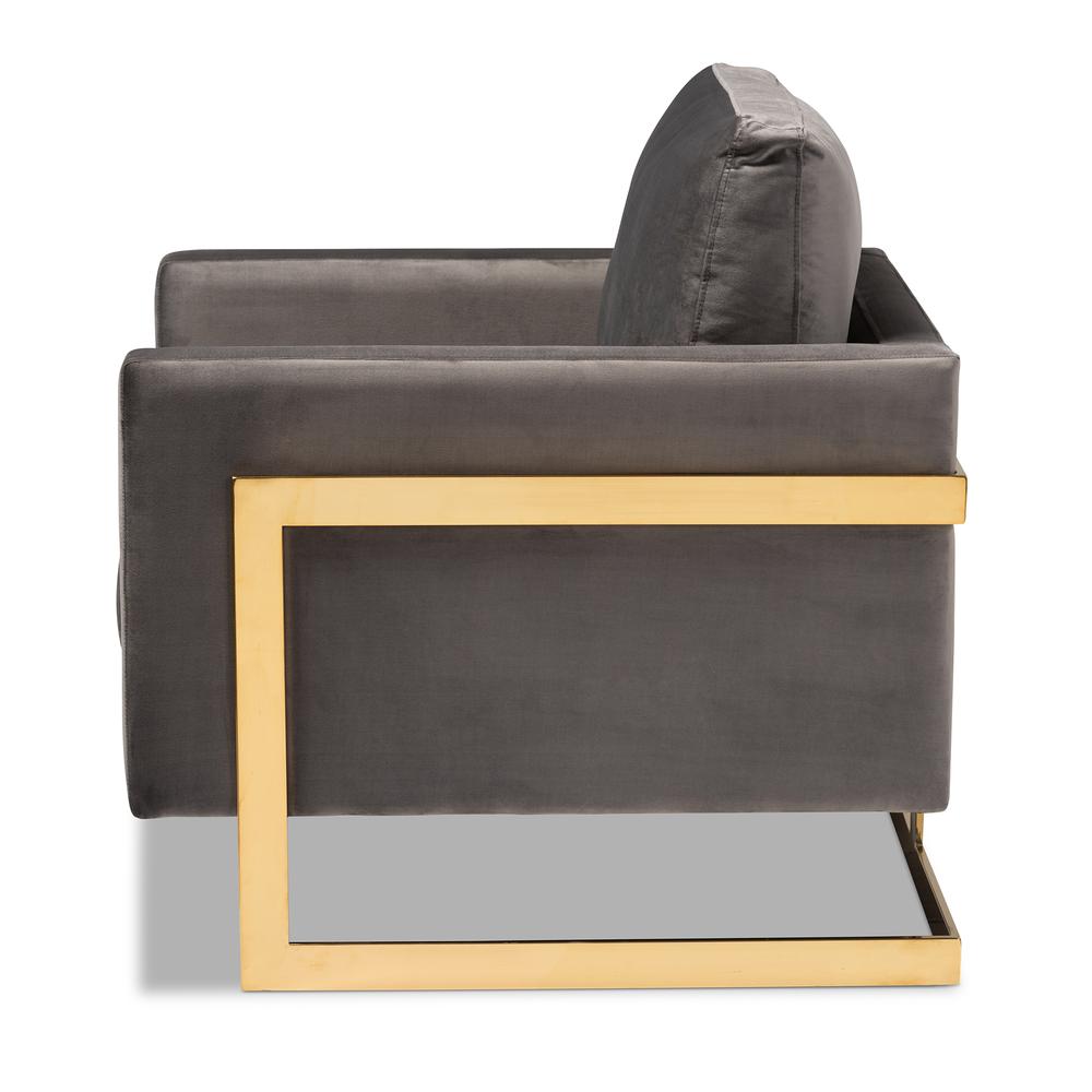 Matteo Glam and Luxe Grey Velvet Fabric Upholstered Gold Finished Armchair. Picture 12