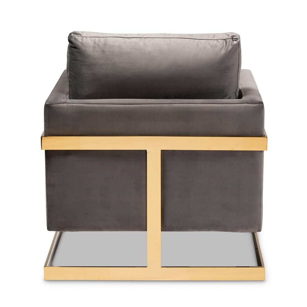 Matteo Glam and Luxe Grey Velvet Fabric Upholstered Gold Finished Armchair. Picture 13