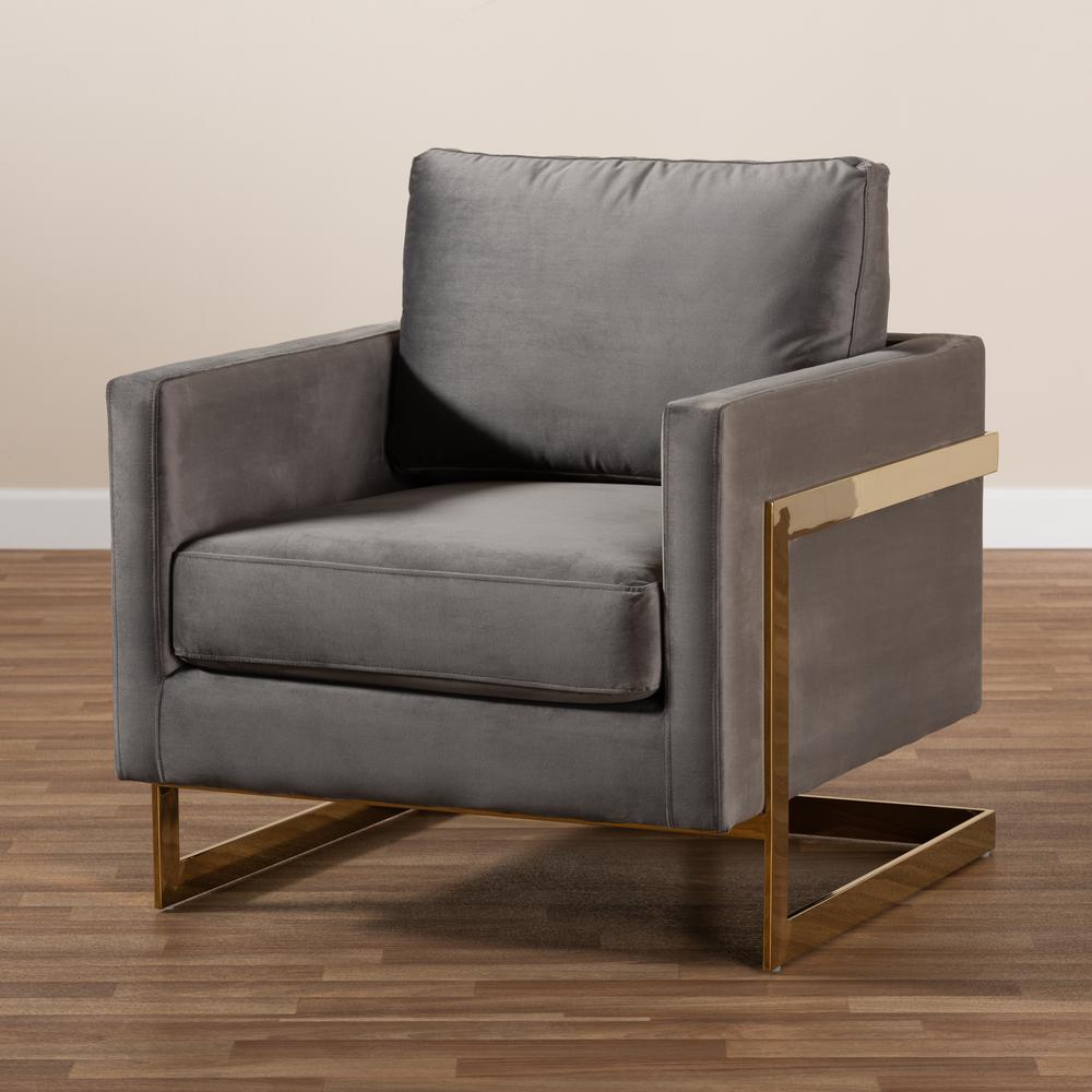 Matteo Glam and Luxe Grey Velvet Fabric Upholstered Gold Finished Armchair. Picture 17