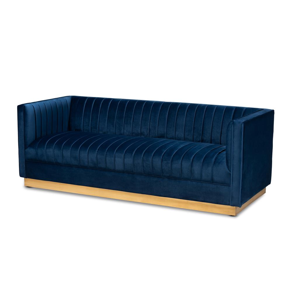 Luxe Navy Blue Velvet Fabric Upholstered Brushed Gold Finished Sofa. Picture 10