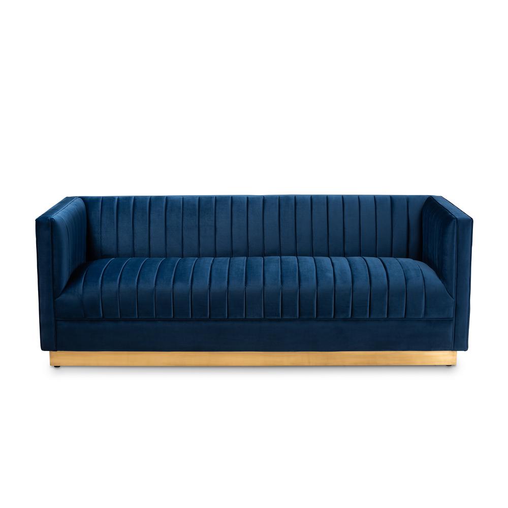 Luxe Navy Blue Velvet Fabric Upholstered Brushed Gold Finished Sofa. Picture 11