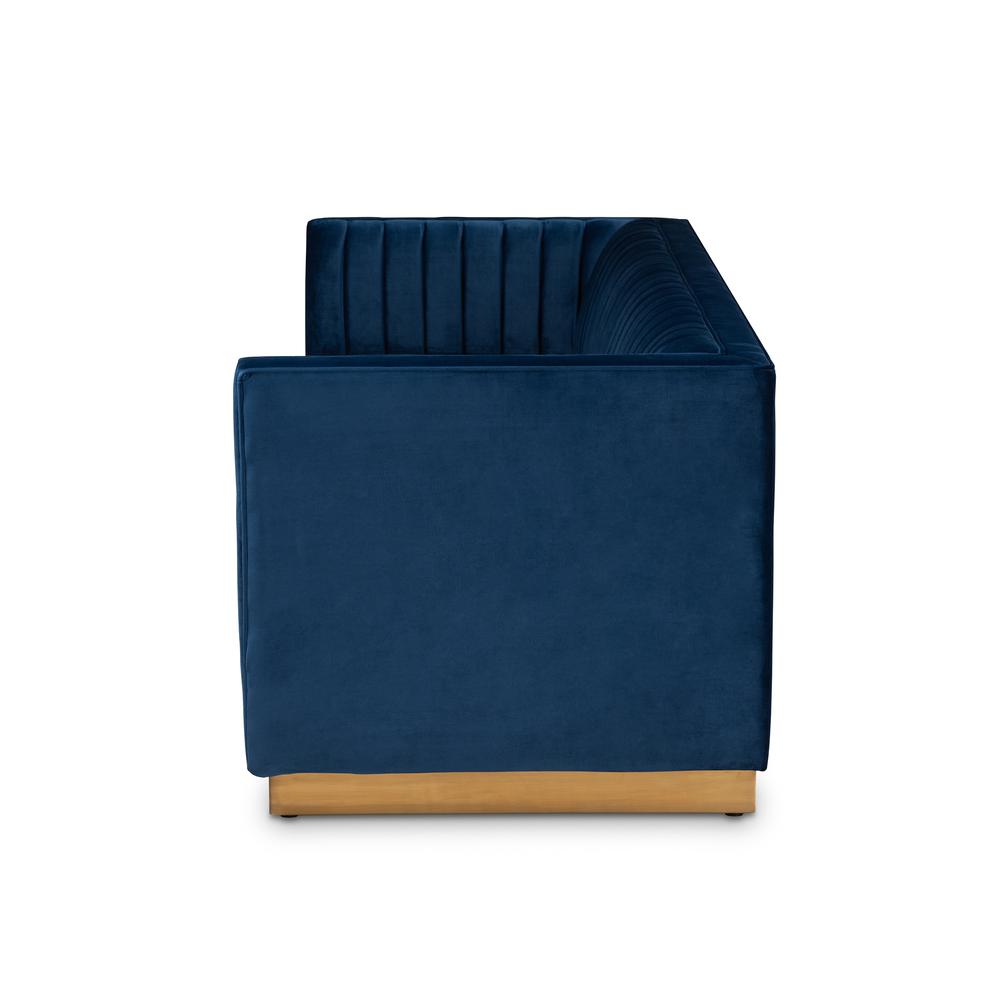 Luxe Navy Blue Velvet Fabric Upholstered Brushed Gold Finished Sofa. Picture 12