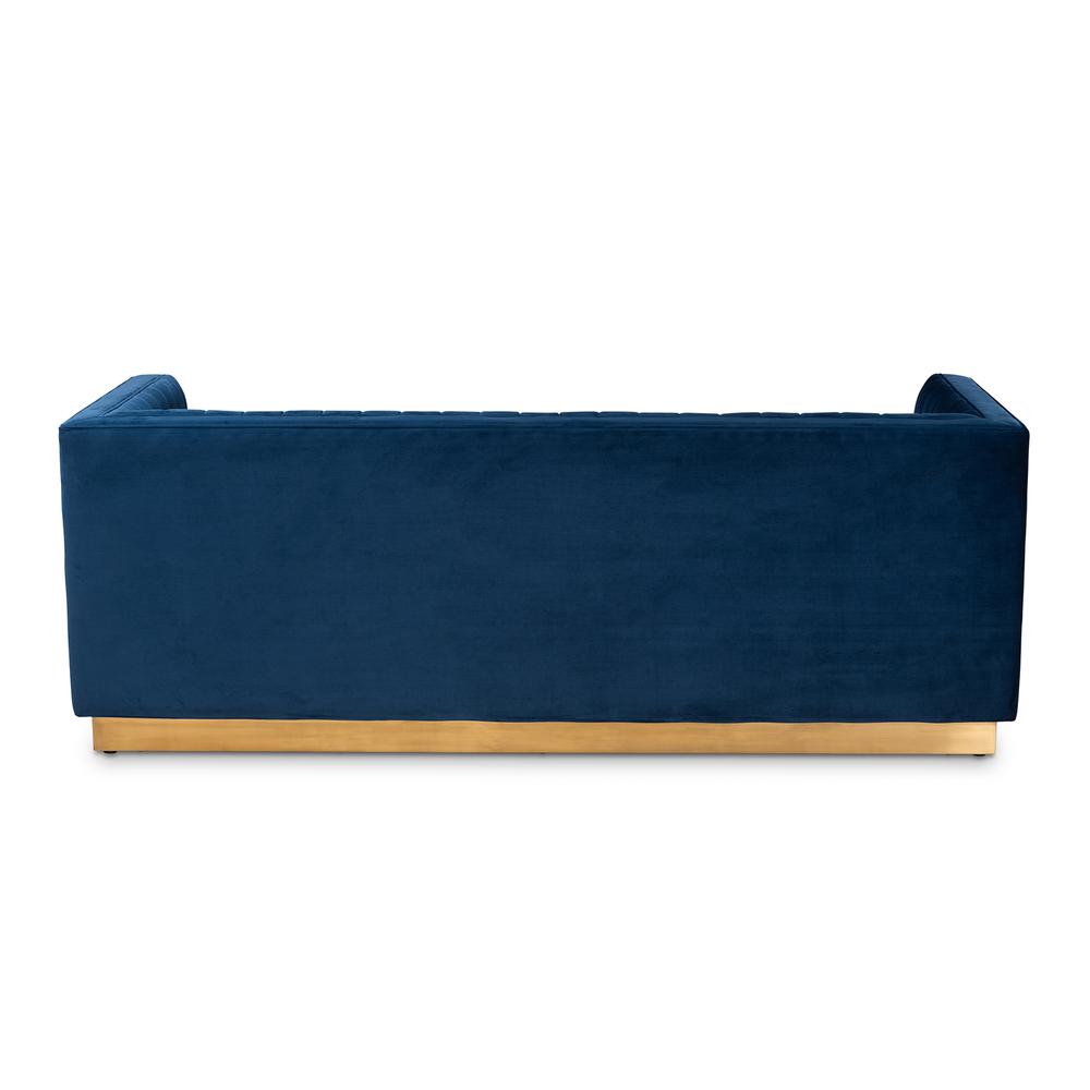 Luxe Navy Blue Velvet Fabric Upholstered Brushed Gold Finished Sofa. Picture 13