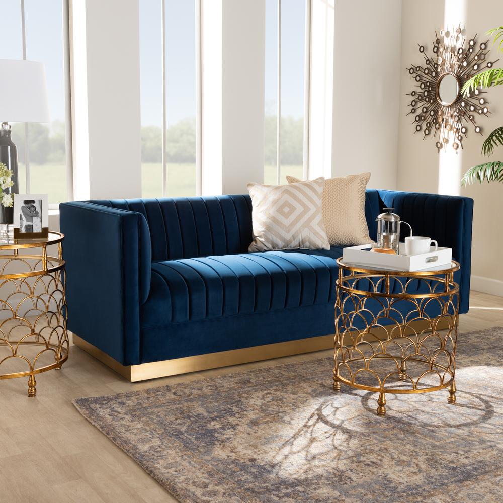 Baxton Studio Aveline Glam and Luxe Navy Blue Velvet Fabric Upholstered Brushed Gold Finished Sofa. Picture 8