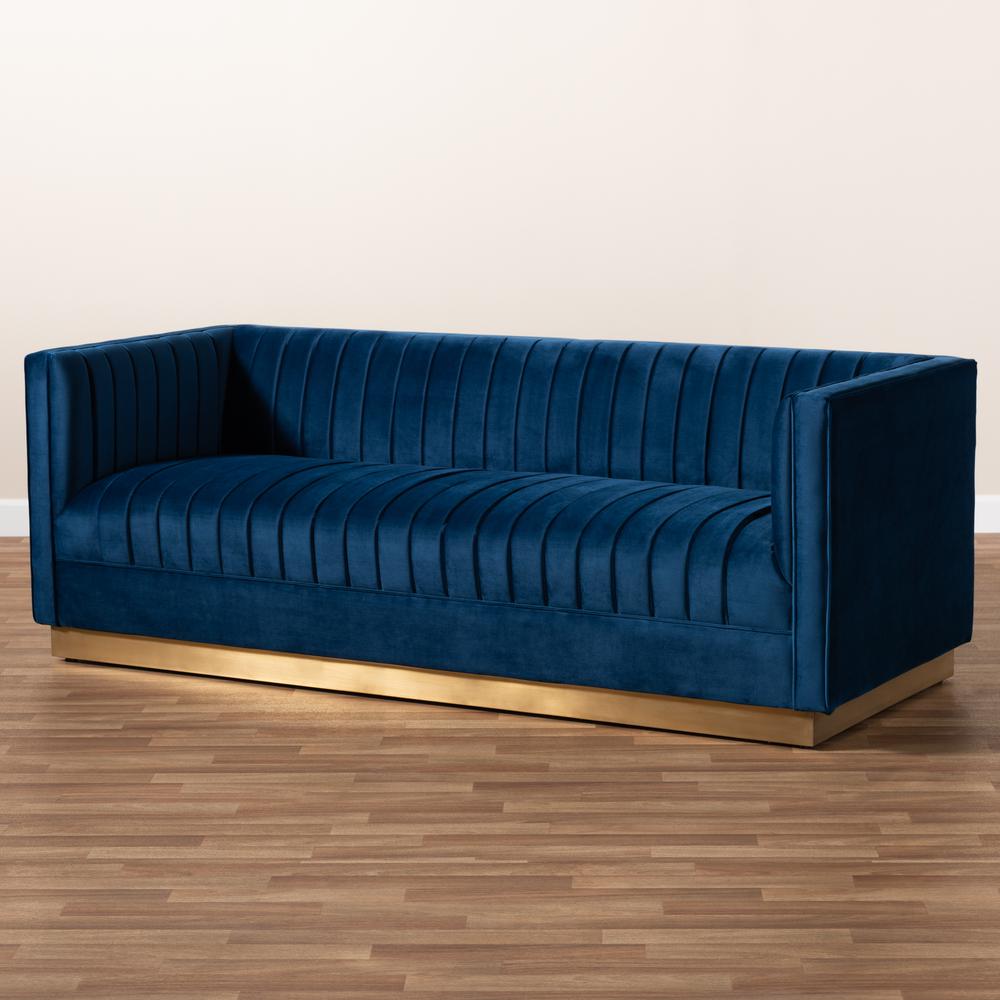 Luxe Navy Blue Velvet Fabric Upholstered Brushed Gold Finished Sofa. Picture 17